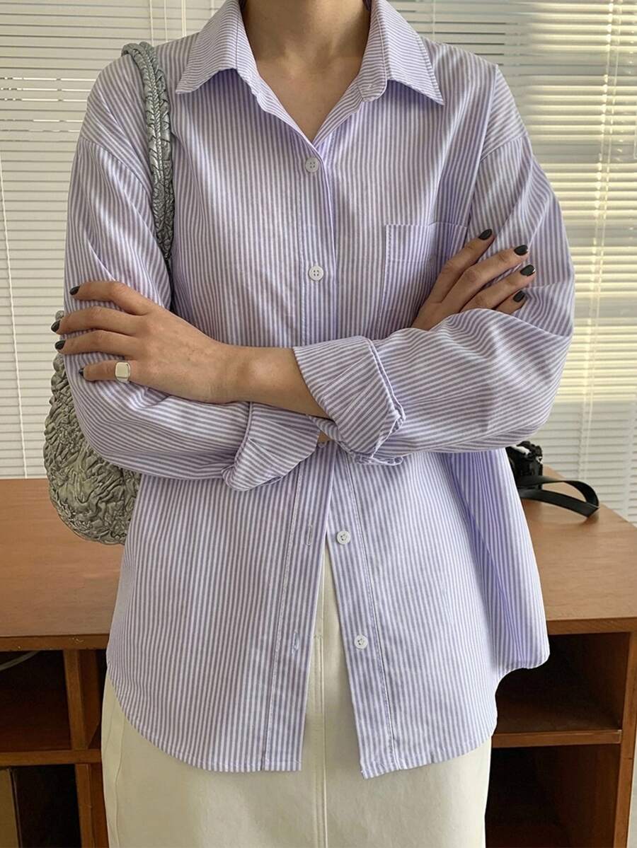 DAZY 女款條紋休閒百搭日常長袖襯衫 - 紫色 - 查看 1