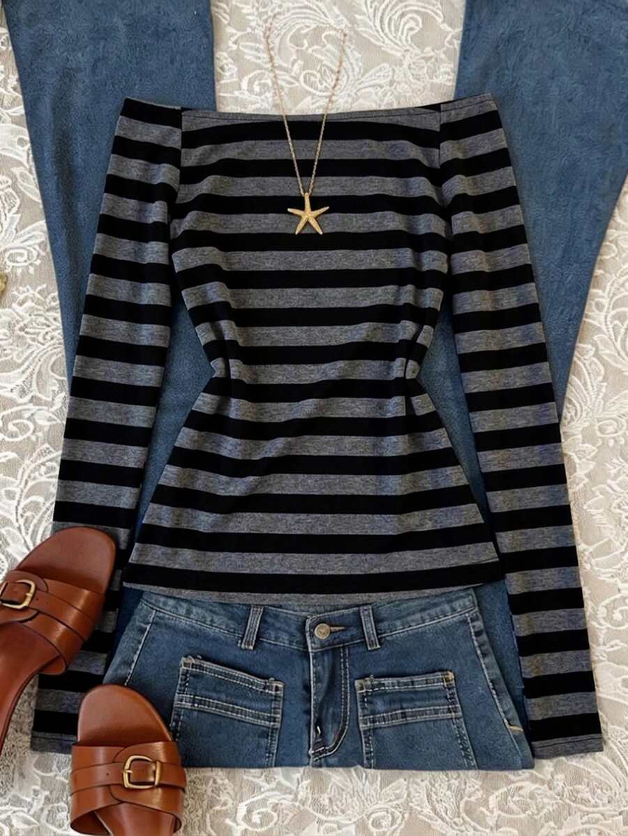 Teen Girl Striped Off-Shoulder Casual Daily Long Sleeve T-Shirt - Multicolor - View 1