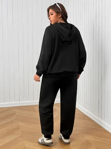 SHEIN EZwear Plus Size Letter Print Hoodie & Sweatpants Set - Black - View 2