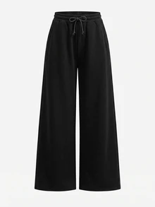SHEIN Girlism 青少年女孩針織淺灰色寬鬆休閒百搭抽繩口袋寬腿運動長褲 - 黑色 - 查看 5