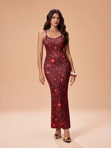 Glamance ORANGE STUDIO Vestido maxi de mujer con tirantes finos, estampado de lentejuelas rojas brillantes, elegante, maduro, casual, sexy para salidas, trabajo, oficina, uso diario, fiesta, cumpleaños, vacaciones, viajes al Medio Oriente, playa, traje de baño, estilo bohemio, Halloween, vuelta a la escuela, Día de la Independencia, verano - Rojo - Ver 3