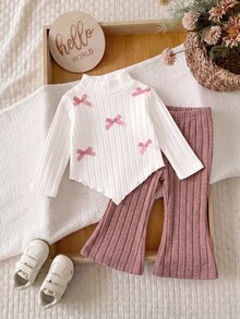 SHEIN Baby Girl Bow Decor Asymmetric Hem T-Shirt And Flare Pants Casual Set - Pink - View 4