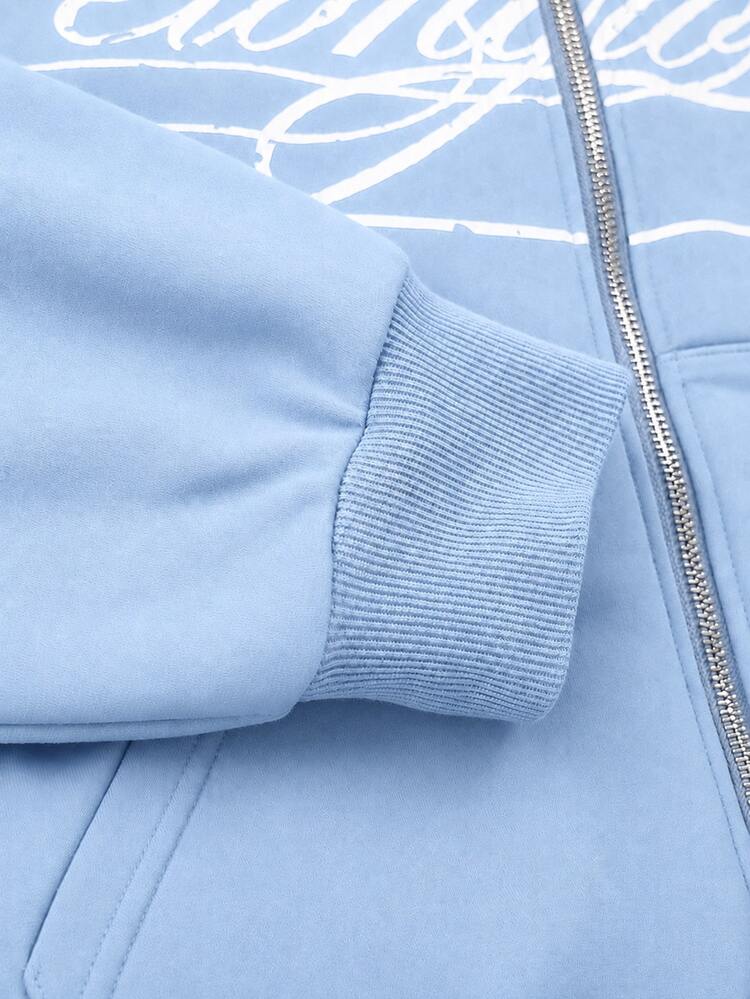 INCRYTM Men's Letter Print Pocket Hooded Cardigan - Baby Blue - View 4
