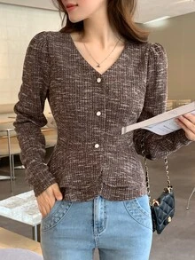 DAZY Kaos Wanita Model Korea Elegan dengan Kerah V dan Hiasan Ruffle untuk Musim Semi/Panas/Musim Gugur - Grey - View 4