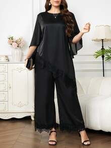 Reflora Plus Size Women Lace Patchwork Top And Pants Casual Daily 2 Pieces Set - Black - View 4