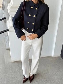 Pariaura French Vintage Court Style Red Short Jacket, Double-Breasted Gold Button Stand Collar - Navy Blue - View 3