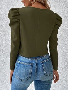 SHEIN Holidaya 秋季時尚花瓣袖短版夾克 - 軍綠色 - 查看 2