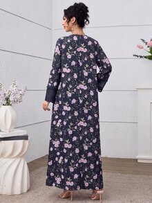 Yasmyna V領雪紡蕾絲拼接粉色花卉印花洋裝附頭巾 - 藏蓝色 - 查看 7