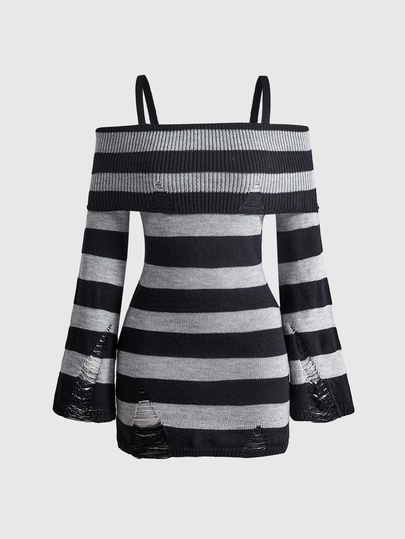 Autumn/Winter Dark Gothic Striped Distressed Design Off Shoulder Fitted Mini Bodycon Sweater Dress