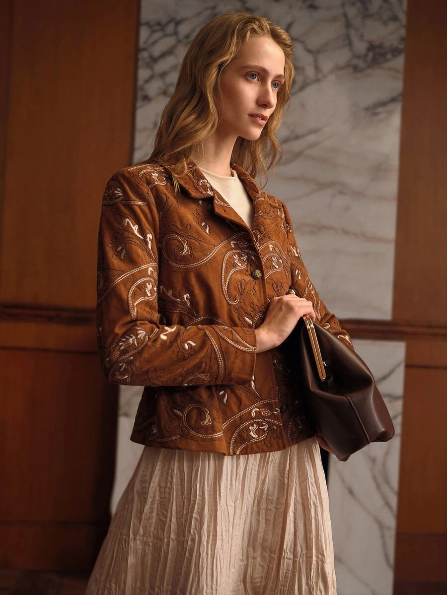MOTF PREMIUM WOMEN'S PAISLEY EMBROIDERED SINGLE-BREASTED JACKET - Brown - View 1