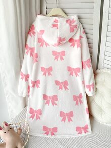 SHEIN 少女秋冬款寬鬆保暖內裡加厚雙面絨毛可愛甜美蝴蝶結印花連帽袋鼠口袋長袖睡袍家居服睡裙，奶油白粉色 - 淺粉色 - 查看 2