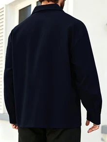 Manfinity Homme 男士大尺碼秋季休閒青蛙鈕扣襯衫 - 藏蓝色 - 查看 2