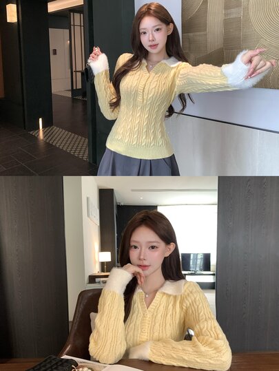 DAZY Women's Contrast Color Lapel Long Sleeve Button Half-Placket Casual Sweater Fall