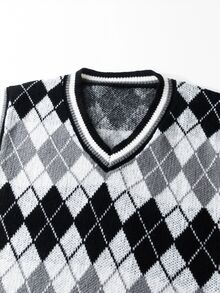 Manfinity Homme Men's Plus Size Diamond Grid Casual Daily Wear Knitted Vest,Fall/Winter Unisex Style, Couple Outfit, Best Holiday Gift - Black and White - View 3