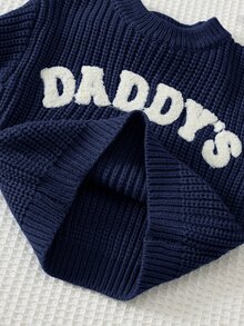 Cozy Pixies 男嬰舒適柔軟休閒百搭日常可愛3D字母圖案圓領藍色長袖套頭毛衣秋冬上衣 - 藏蓝色 - 查看 6