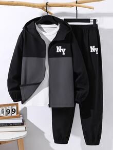 SHEIN 2pcs/Set Teen Boy Casual Sports Graphic Contrast Color Hoodie Jacket And Pants Set,Autumn/Winter - Multicolor - View 5