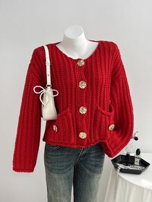 Sweetra Vintage French Style Round Neck Large Button Chunky Knit Cardigan - Red - View 4