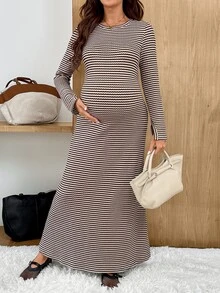 SHEIN Maternity Casual Striped Dress For Autumn - Brown - View 5