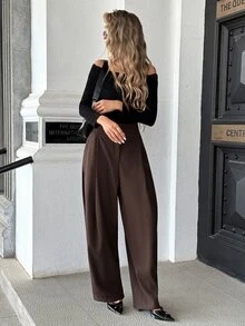 Pariaura Women's Solid Color Wide Waist Zipper Loose Curved Leg Wide Leg Trousers - Coffee Brown - View 3
