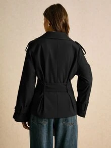 Poéselle 女款純色百褶休閒百搭日常長袖夾克 辦公商務黑色秋季休閒優雅 - 黑色 - 查看 5