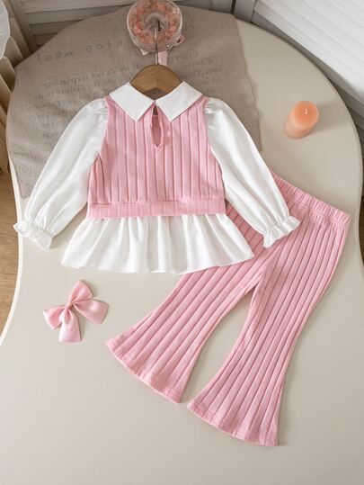 SHEIN Baby Girl Spring/Autumn Casual Shirt Set, White 3D Bow, Light Pink Knitted Elastic Ribbed Fabric Patchwork Woven Fabric, White Long Sleeve Collared Ruffle Hem 2 In 1 Shirt Top Paired With Brushed Ribbed Light Pink Casual Flared Long Pants, 2 Pieces Set, Suitable For Casual Fashion, Sweet, Cute, Elegant, Daily Wear, Travel, Photo Outfits