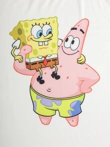 SpongeBob SquarePants | SHEIN Plus Size Women's Cartoon Print Short Sleeve Top And Shorts Casual Daily Home Sleepwear Set - Multicolor - View 3