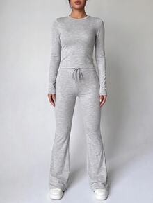 SHEIN Unity Set Pakaian Olahraga Kasual Wanita, Kaos Leher Bulat Warna Polos dan Celana Panjang Potongan Lurus Ramping - Grey - View 3