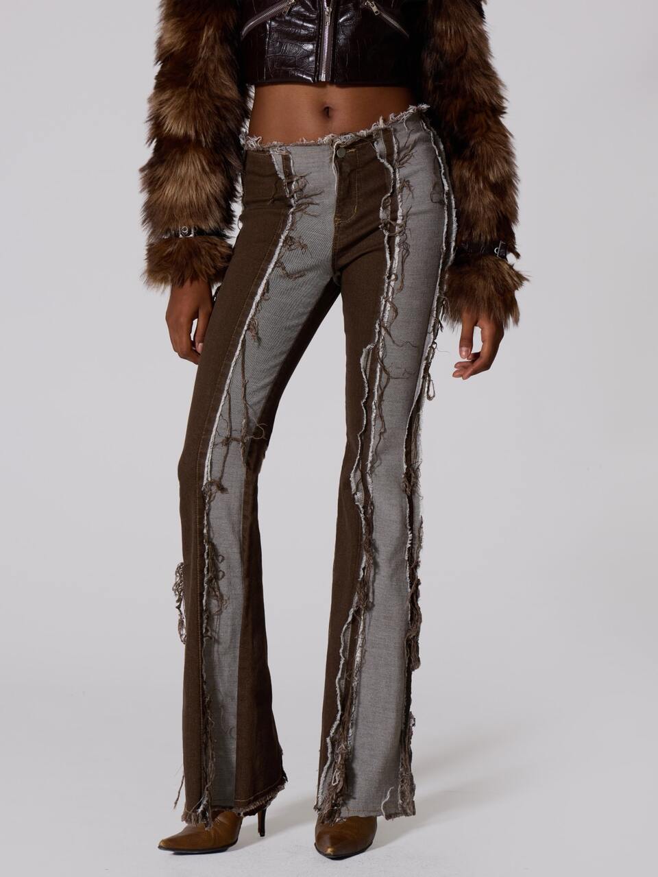 Brown Denim Low Rise Denim Patchwork Flared Leg Jeans