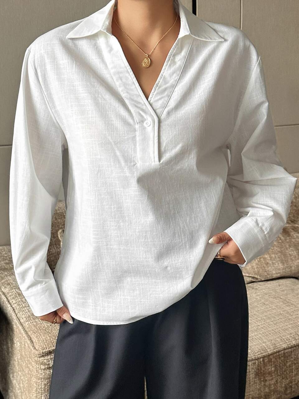 Dazy Plus Solid Color Loose Long Sleeve Casual White Shirt, Spring/Autumn
