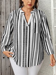 EMERY ROSE Plus Size Casual Striped Shirt, Autumn Fall - Black and White - View 3