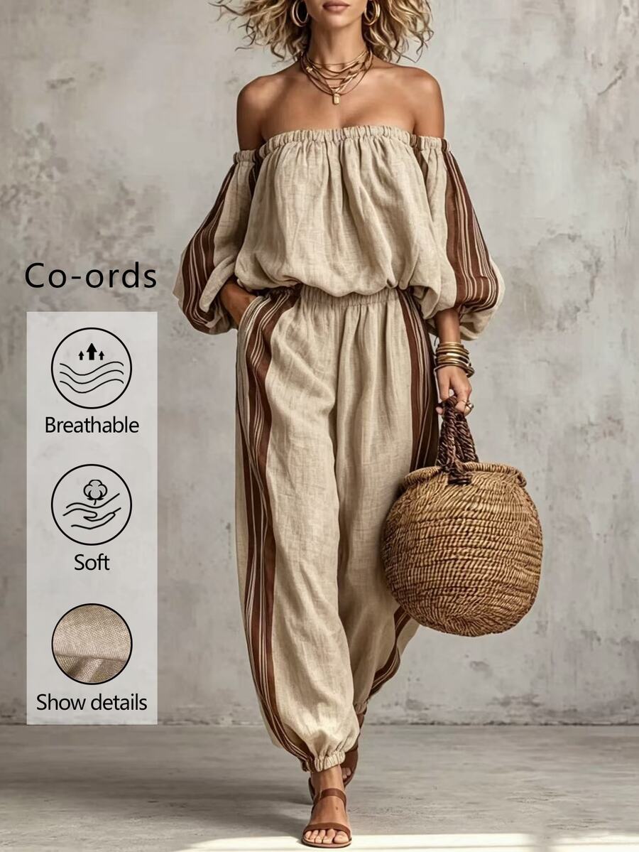 Glimmora Women's Colorblock Striped Shoulder Top And Pants 2 Pieces Set - Brown - View 1