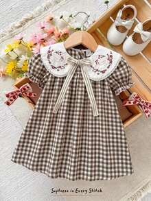 Emery Rose Kids Emery Rose Kids 女童編織純色卡通花卉刺繡翻領蝴蝶結袖休閒洋裝，適合夏季、秋季、度假、返校 - 紅色 - 查看 5