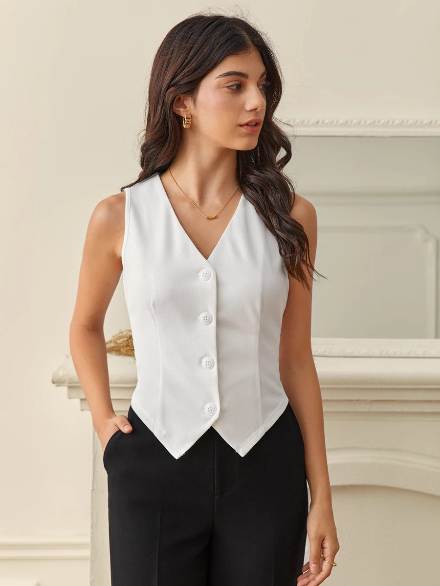 SHEIN Tall 秋冬款純色鈕扣前襟背心西裝外套 - 白色 - 查看 1