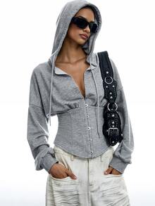 LYSMO Women's Drop Shoulder Long Sleeve Front Button Sweatshirt, Style - Grey - View 5