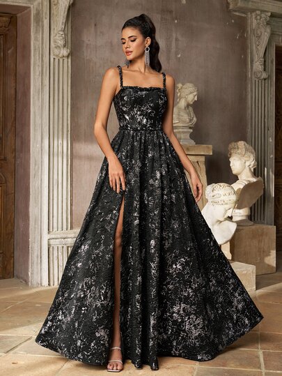 Aureia Elegant Luxurious Black & Silver Jacquard Fabric Braided Rope Decor Slit Floor-Length A-Line Maxi Dress, Suitable For Wedding Events, Bachelorette Party, Vacation Ball, Evening Gala, Exhibition, Business, Birthday Party, Graduation Ceremony, Cocktail Party And More Occasions Women's Formal Evening Gown (Heavy Workmanship Style)