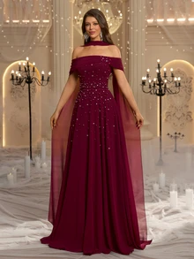 Glamrae Elegant Luxurious Beaded Diamond Sexy Off Shoulder A-Line Chiffon Ruched Dress With Halter Neck, Suitable For Wedding, Party, Bachelor Party, Vacation, Ball, Evening Gala - Burgundy - View 6