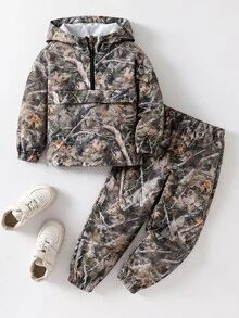 SHEIN 2件組兒童小男孩休閒日常百搭舒適拼接連帽半拉鍊套頭寬鬆長袖夾克與寬鬆慢跑褲梭織套裝，適合學校、花園、海灘、生日 - 彩色 - 查看 3