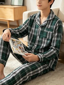 學院風復古格紋男士青少年睡衣長袖開襟衫與長褲2件套休閒舒適居家服 - 彩色 - 查看 3