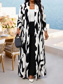 SHEIN Lady CURVE Plus Size Fashion Commuter All-Over Print Jacket & Pants 2 Pieces Set - Multicolor - View 1