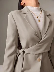 Heiryn Women's Solid Color Lapel NeckSide Waist Tie Casual Blazer - Khaki - View 5
