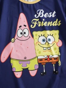 SpongeBob SquarePants | SHEIN Tween Boy Cartoon Print Short Sleeve Top And Long Pants Casual Daily Home Pajama Set - Multicolor - View 4