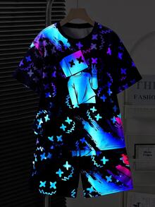 SHEIN 小男孩全印花短袖T恤與短褲休閒日常穿搭套裝 - 彩色 - 查看 5