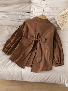 Young Girl Solid Color Casual Versatile Daily Wear Shirt - Coffee Brown - View 2