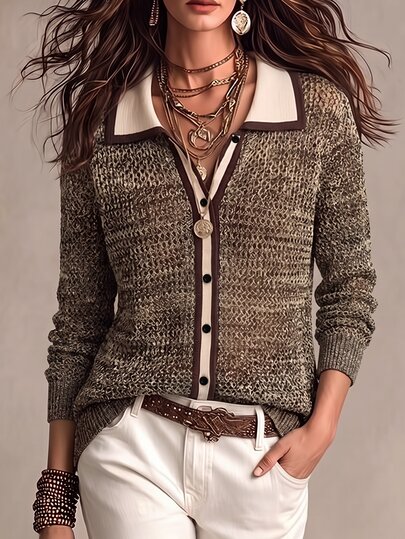 SHEIN Collared Contrast‑Trim Marled Knit Cardigan For Women, Vintage Color Block Lapel Neck Button‑Front L