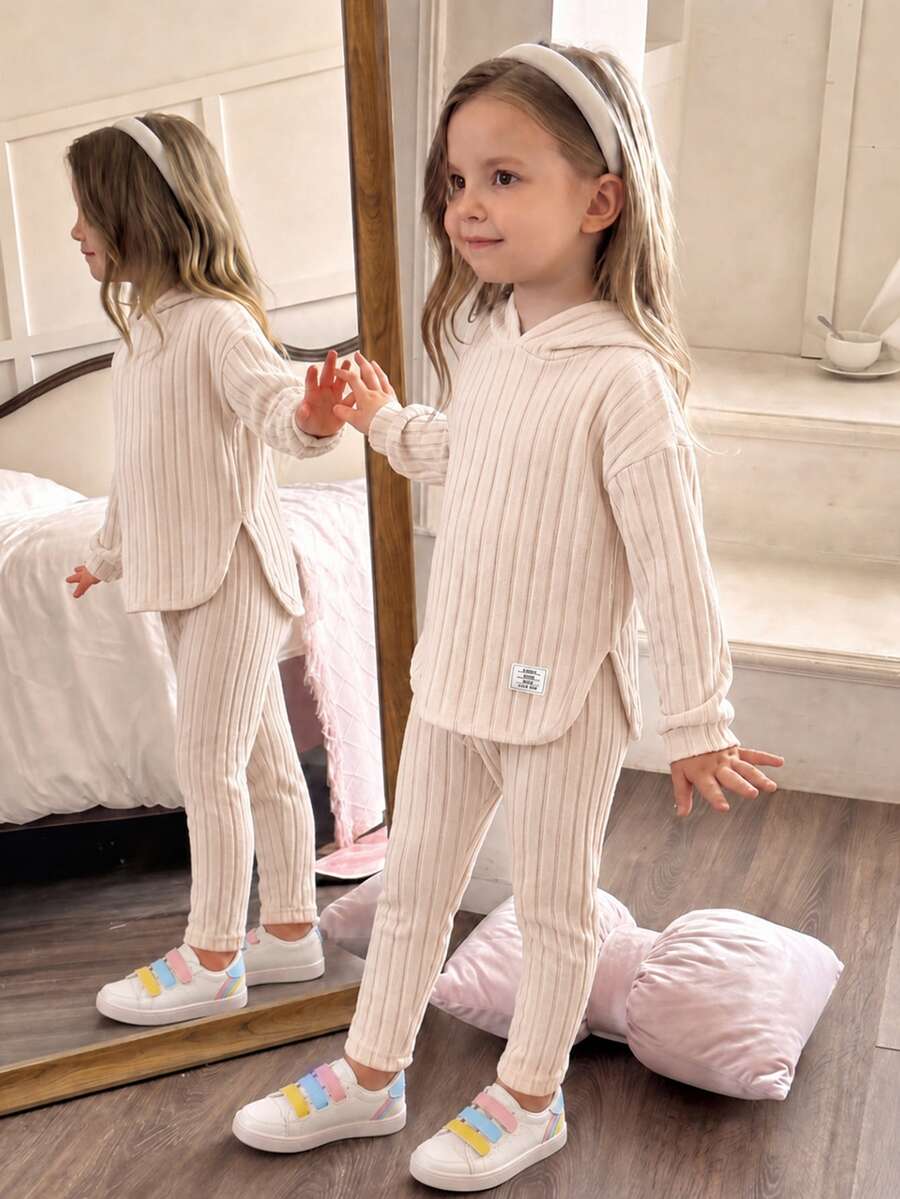 Elladie kids 女童新款杏色連帽長袖上衣與鬆緊腰休閒寬鬆軟針織長褲兩件套,春秋款 - 杏色 - 查看 1