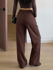 Strévra Women's Striped Casual Versatile Daily Wear Long Pants Fall - Burgundy - View 2