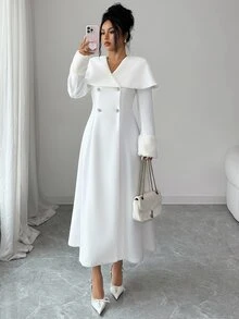 Elenzga Standard Size Women's French Lady Style White Cape Collar Long Overcoat With Faux Fur Sleeve Design, Elegant Overcoat - White - View 7