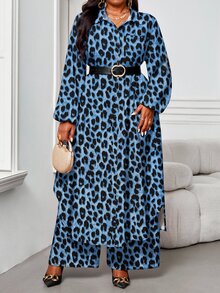 SHEIN Lady 大尺碼女款豹紋上衣與長褲休閒優雅日常兩件套 正式度假晚餐藍色秋季 - 藍色 - 查看 3
