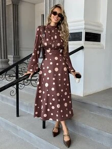 Pariaura 4-Way Stretch Asymmetrical Polka Dot Print Pleated Chest Small Stand Collar Fashion Women's Mid-Length Dress - Multicolor - View 5