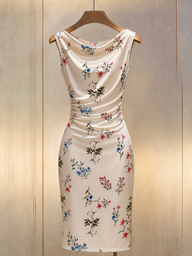 GlowEve CURVE Robe sans manches imprimé floral grande taille pour femmes, col drapé, taille froncée sur le côté, robe moulante mi-longue, robe de soirée élégante et douce pour le travail et les fêtes